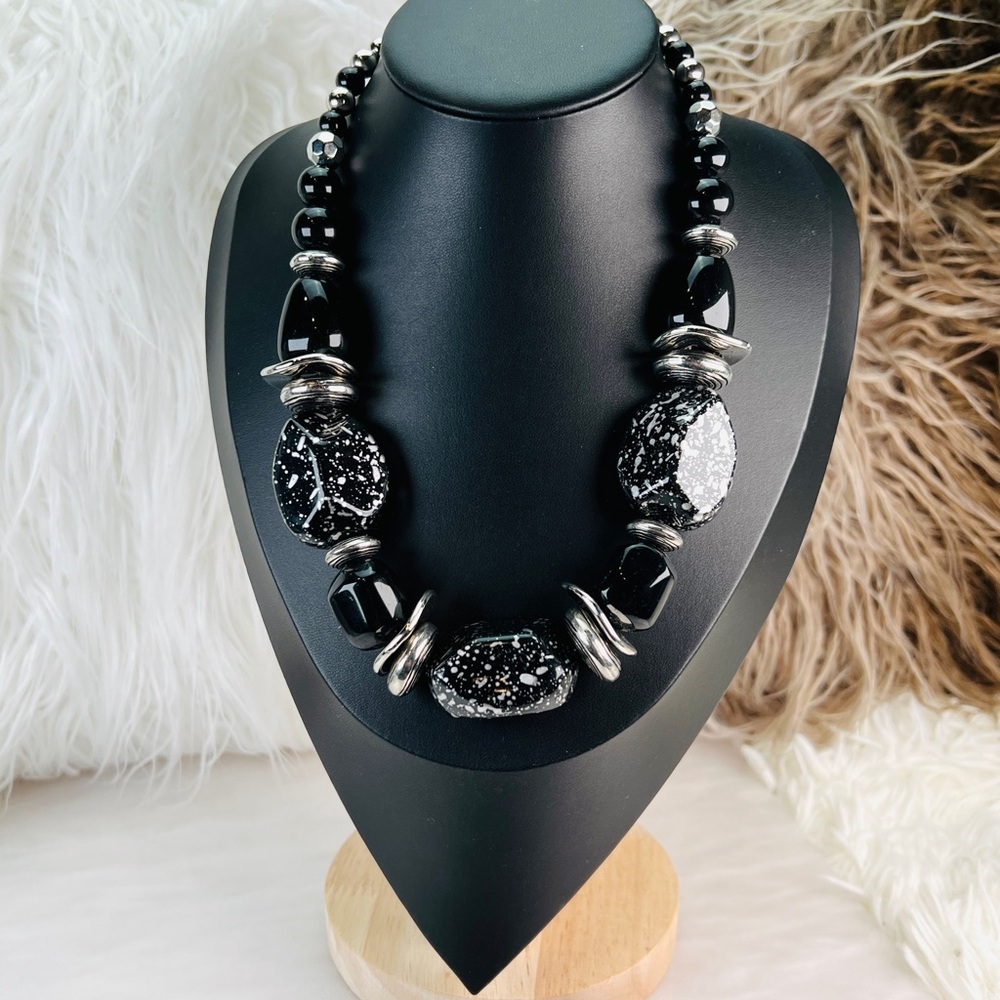 Large black speckled, silvertone, chunky costume necklace